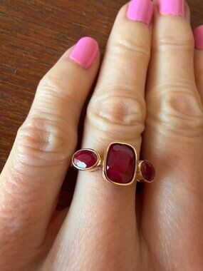 NIB 3.30 ct. Ruby Three-Stone Ring in 18kt Gold Over Sterling - 5 - 5.25